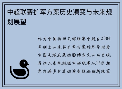 中超联赛扩军方案历史演变与未来规划展望