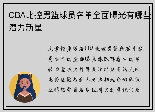CBA北控男篮球员名单全面曝光有哪些潜力新星