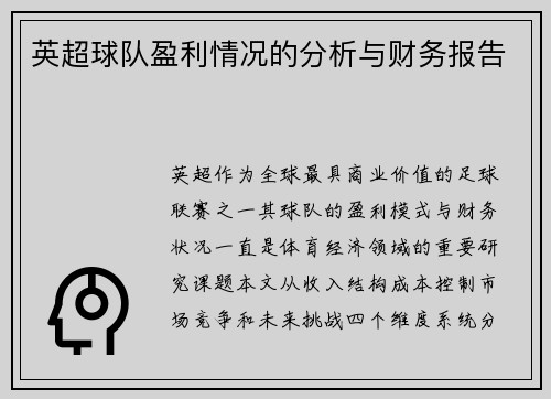 英超球队盈利情况的分析与财务报告