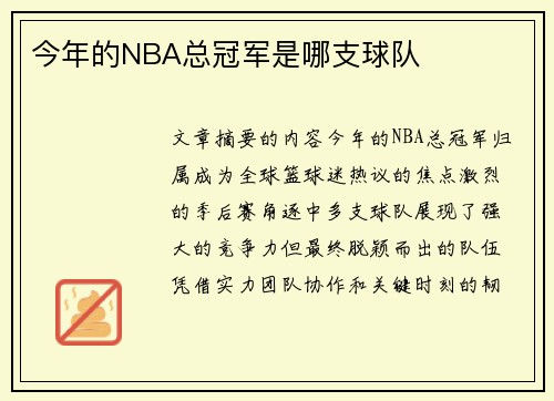 今年的NBA总冠军是哪支球队
